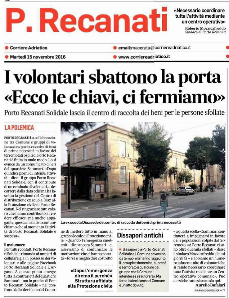 Articolo Corriere Adriatico Porto Recanati Solidale