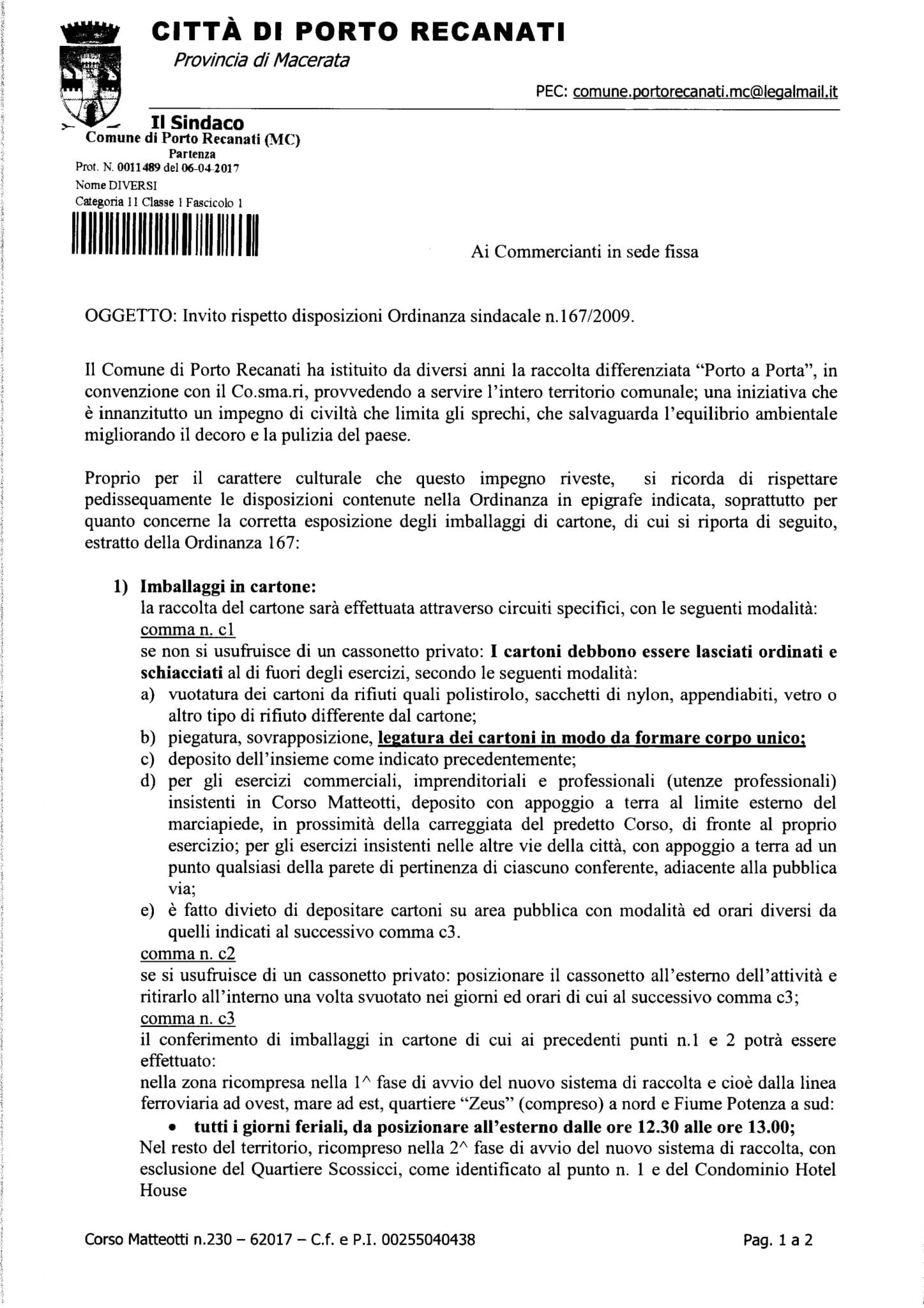 Lettera Commercianti Raccolta Differenziata